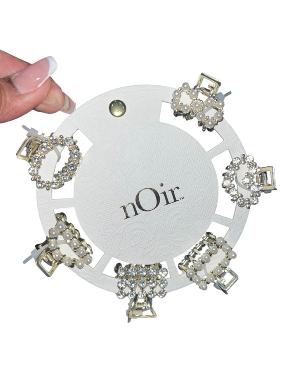 nOir Pearl & Rhinestone Mini Hair Clips - White & Gold (Set of 6)